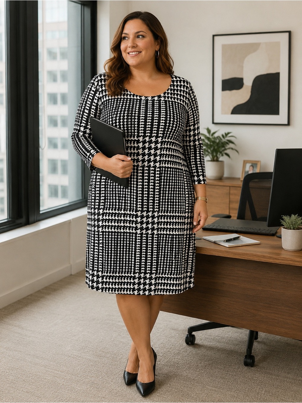 Daisy Fuentes Black and White Houndstooth Midi Dress